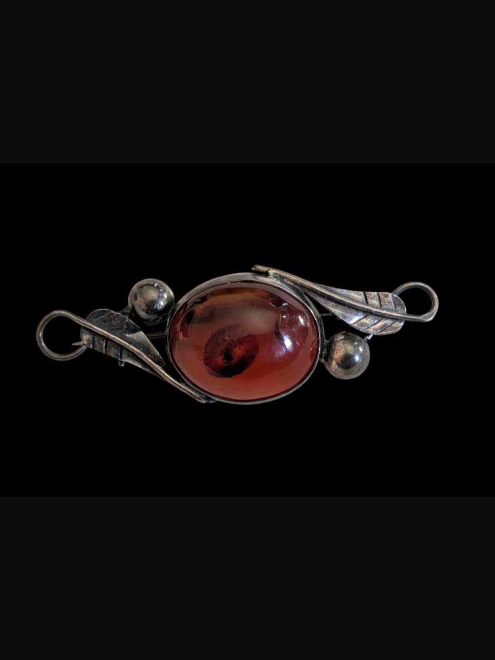 Vintage 925 Sterling Natural Amber Leaf Pattern 2.45" Wide Oxidized Brooch